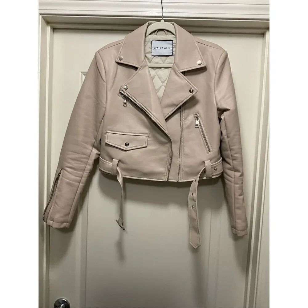 Azalea Wang Faux Leather Beige Moto Cropped Jacket (Size L)